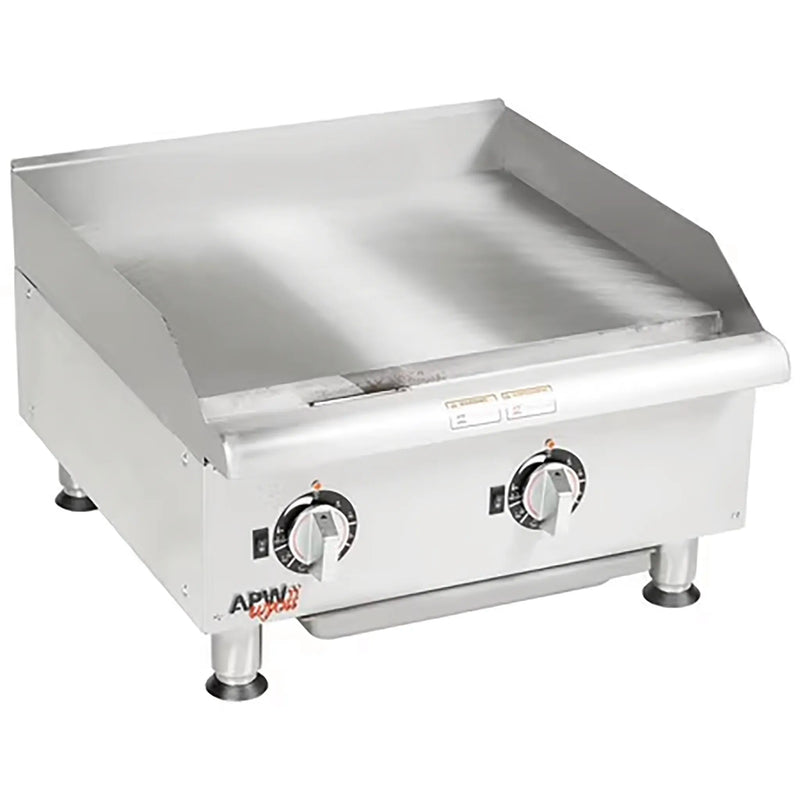 APW Wyott EG-24S heavy duty electric 24-inch griddle in stainless steel with flat steel plate and two knobs, angled view