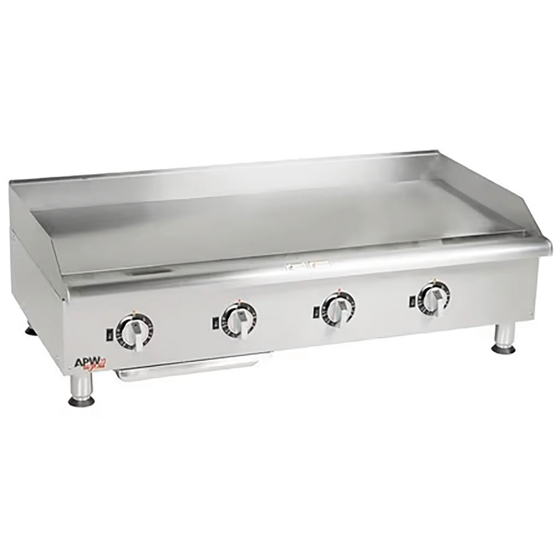 APW Wyott EG-48S heavy duty electric 48-inch griddle in stainless steel with four control knobs and splash guard, angled