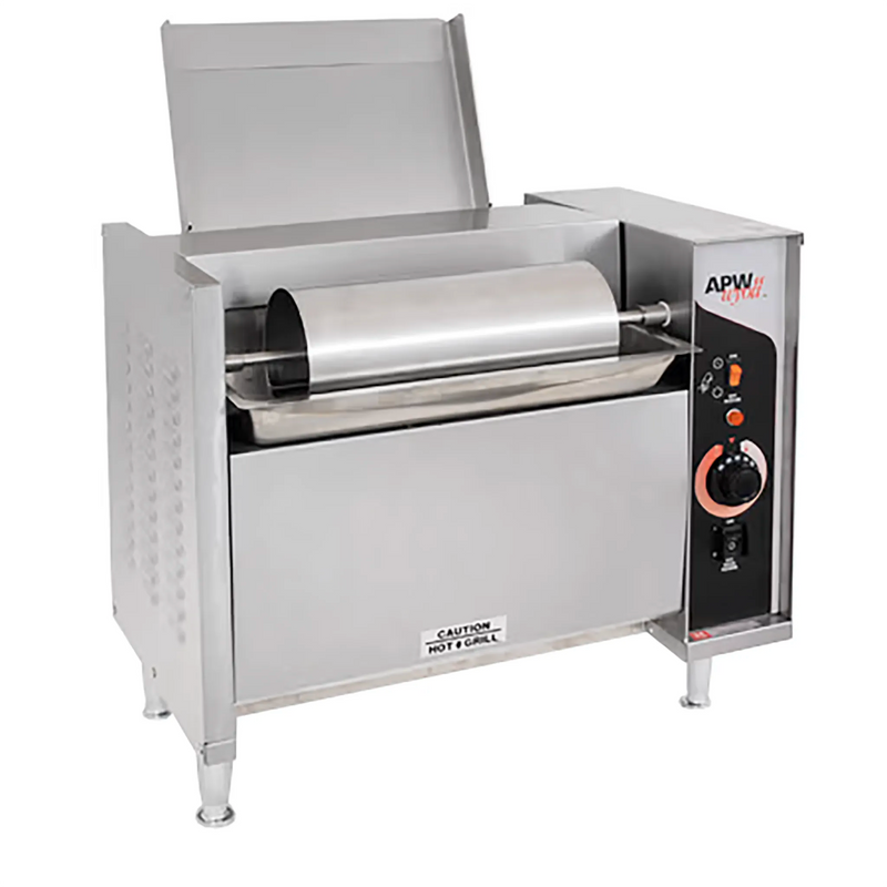 APW Wyott M-95-2 bun grill toaster in stainless steel with vertical feed rollers and side control dial, angled view