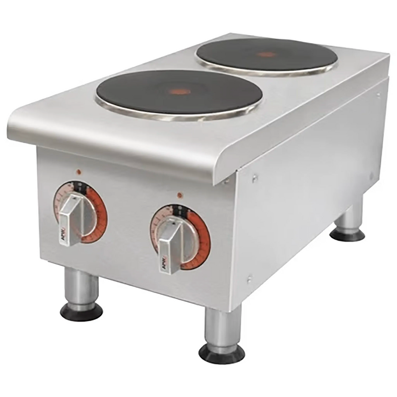 APW Wyott SEHPS electric 2 burner hot plate in stainless steel with two solid round elements and control knobs, angled
