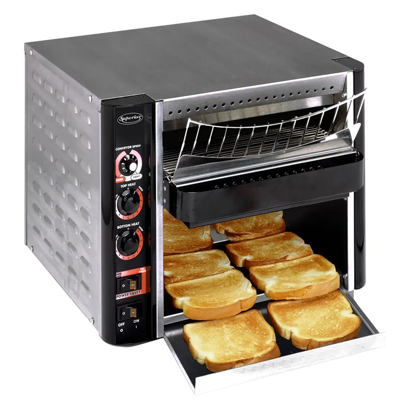 APW Wyott XTRM-2 conveyor toaster in stainless steel with side control panel and toast in the front tray, angled view