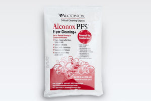 Alconox 1108 fryer and general purpose cleaner in a white and red packet labelled Alconox PFS Fryer Cleaning+