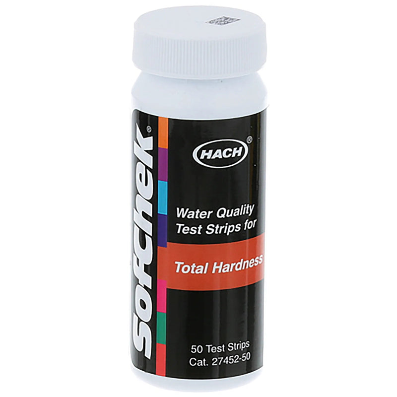 All Points 851259 water hardness test strips, pack of 50 in a white bottle with black total hardness label, front view