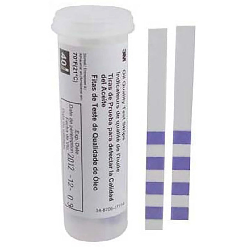 All Points 851350 fryer oil test strips in a clear vial with two purple-banded strips shown beside it for comparison