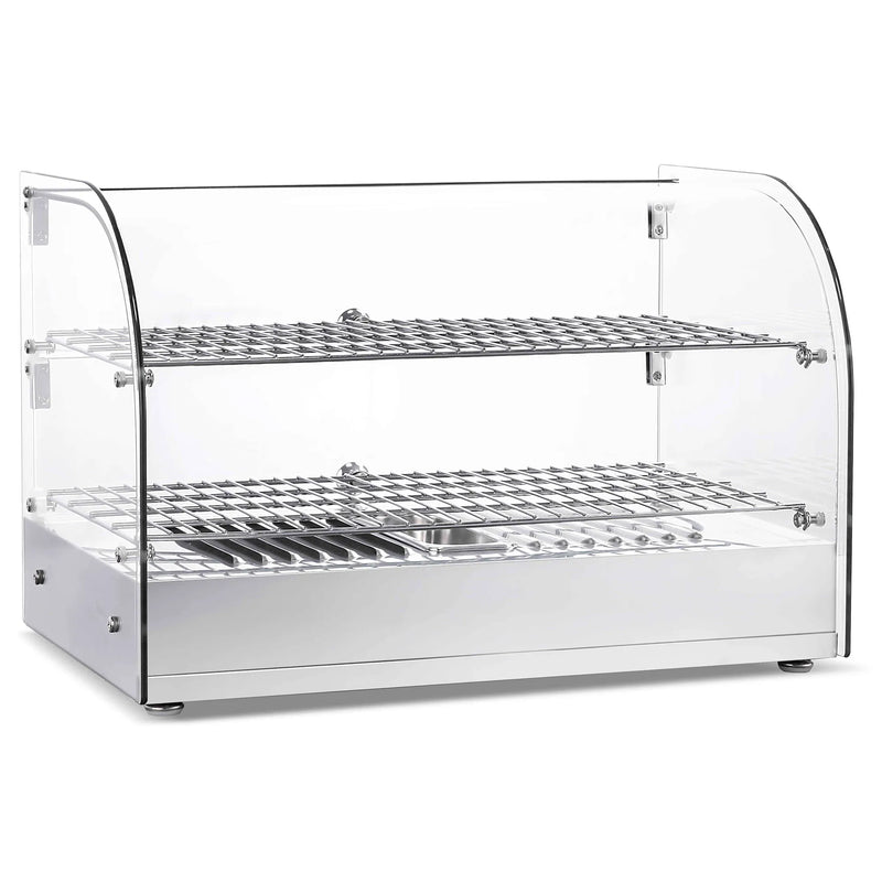 Alpha ACDW-22-2 curved glass display 22-inch food warmer with two stainless steel wire shelves, angled view