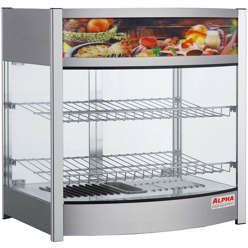 Alpha ADW-107 glass display 26-inch food warmer with stainless steel frame, three wire shelves and graphic header