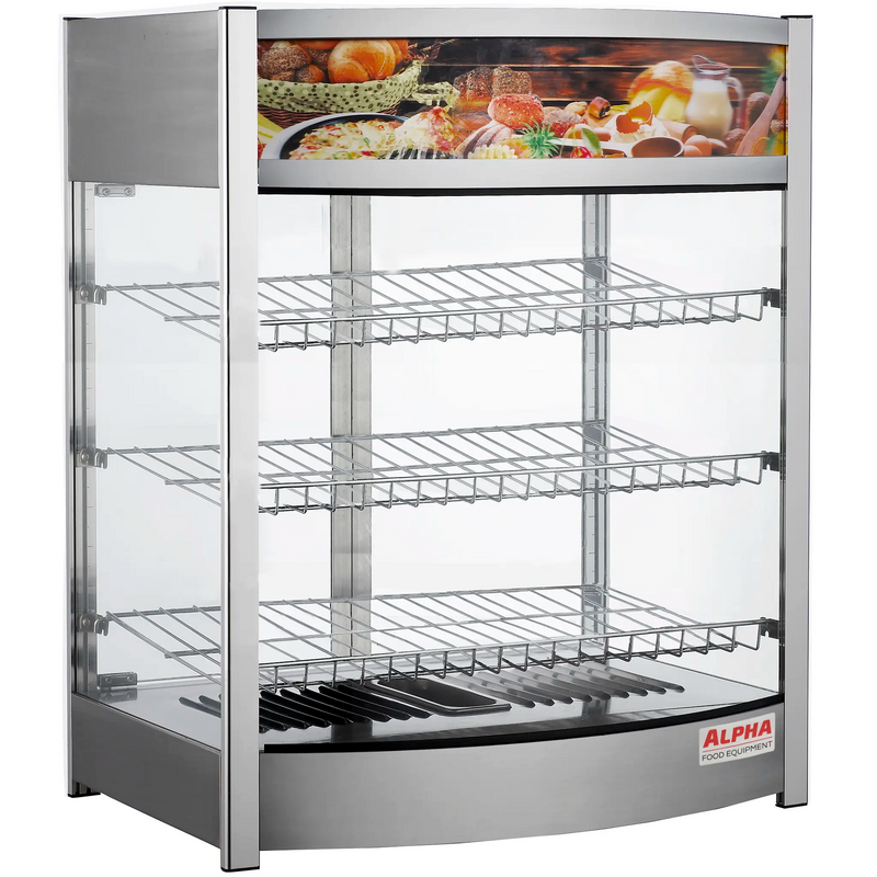 Alpha ADW-137 glass display 26-inch food warmer with stainless steel frame, three wire shelves and graphic header