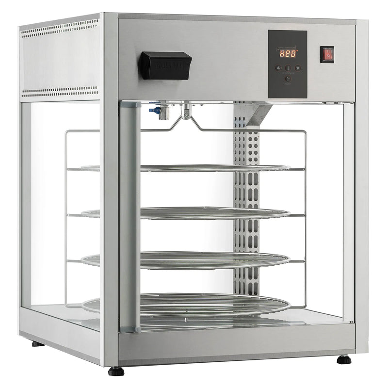 Alpha ADW-158R deluxe glass display pizza and food warmer with stainless steel frame and rotating racks, front view