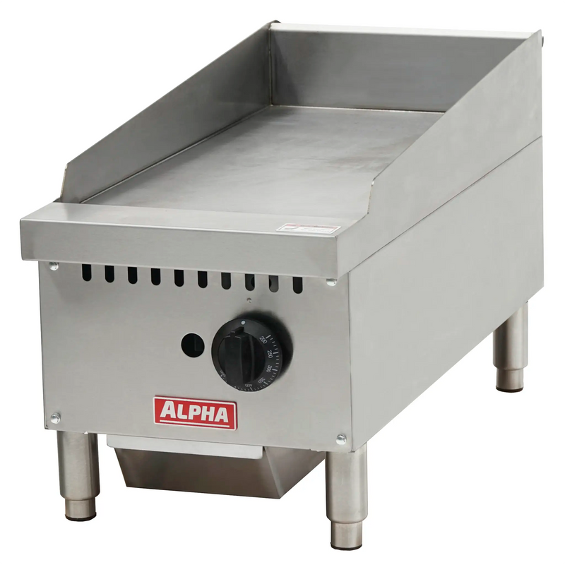 Alpha AG-12T 12-inch natural gas or propane countertop thermostatic griddle with stainless steel body and one knob