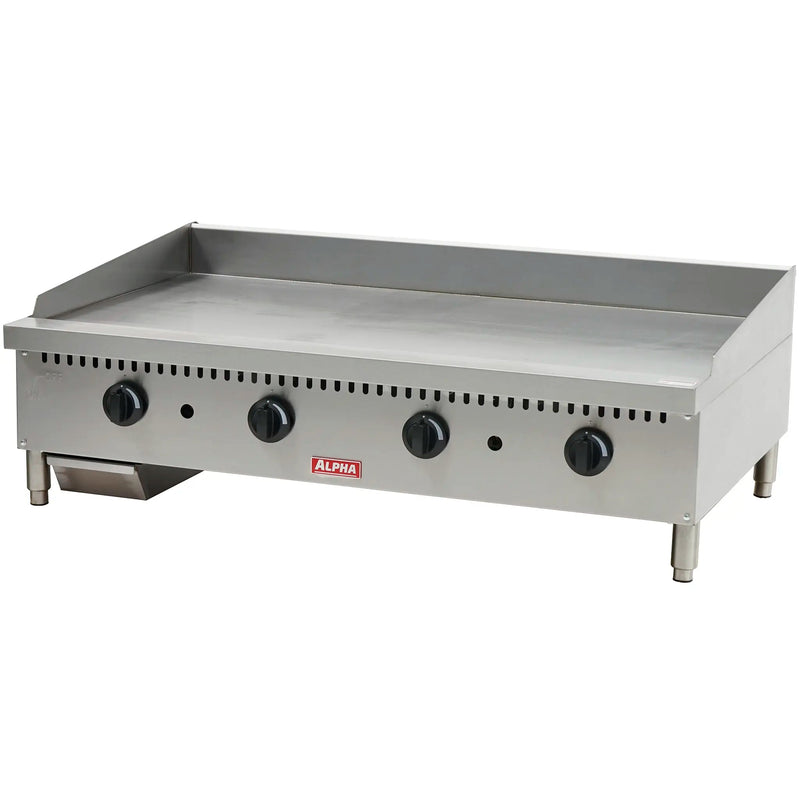 Alpha AG-48M 48-inch natural gas or propane countertop manual griddle with stainless steel body and control knobs