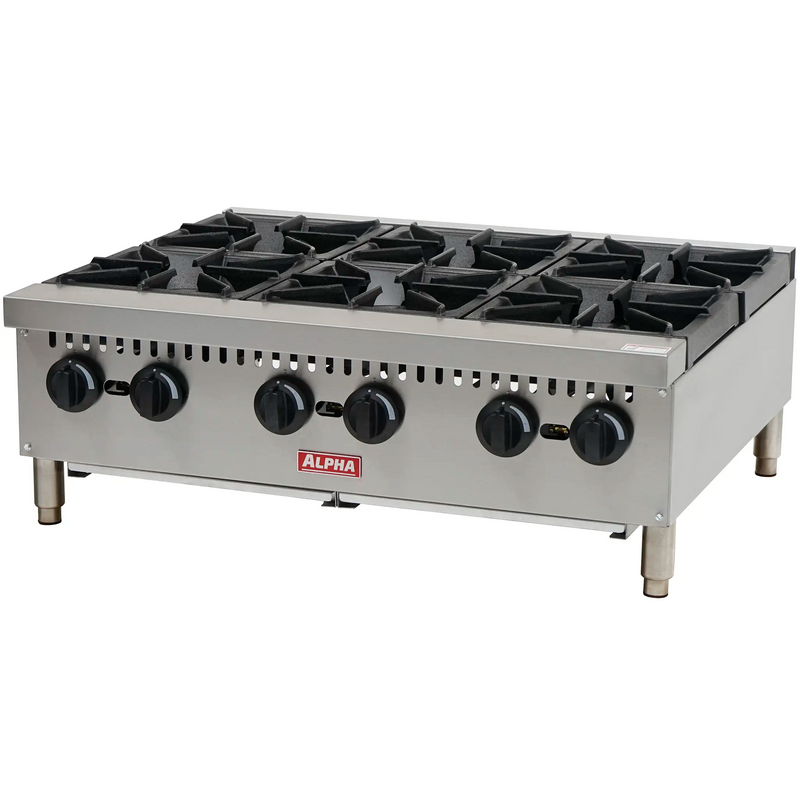 Alpha AHP36-6B 36-inch natural gas or propane countertop open burner hot plate with six cast iron burners and knobs