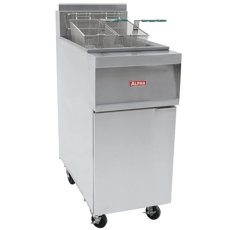 Alpha AOF-40 40 lb natural gas or propane open vat floor fryer in stainless steel with two baskets and casters