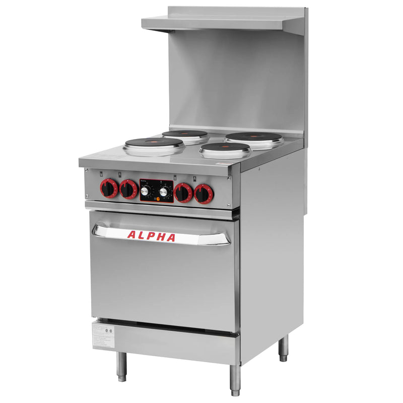 Alpha AR24E-4HP electric 24-inch cooking range with four French plates and oven, stainless steel with red knobs