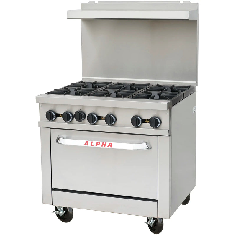 Alpha AR36-6B 36-inch natural gas or propane range with six open burners, oven below, backsplash and casters