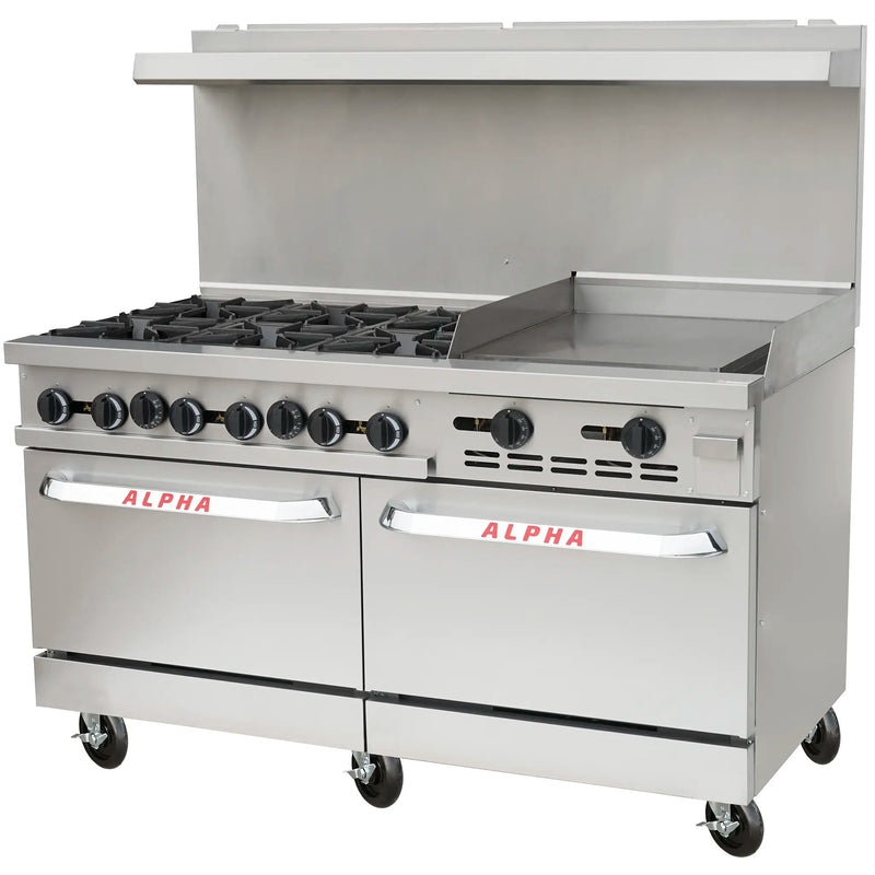 Alpha AR60-6B24G 60-inch gas range with six burners, 24-inch thermostatic griddle, two ovens below and casters