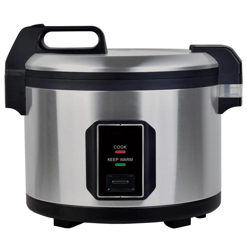 Alpha ARIC-64 commercial electric 64 cup rice cooker and warmer in stainless steel with black handles, lid closed
