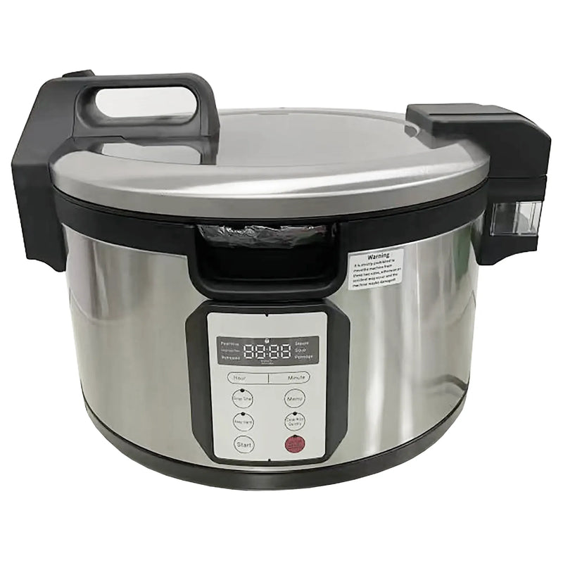 Alpha ARIC-75I commercial 75 cup induction rice cooker and warmer, stainless steel body with black handles and keypad