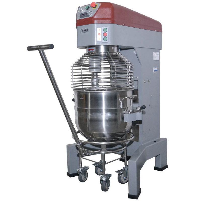 Alpha AVP-60 60 qt commercial planetary stand mixer in grey with red head, shown with wheeled bowl dolly, angled