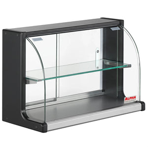 Alpha NAD-26 26-inch glass countertop dry display case with black frame, curved glass front and glass shelf, angled view