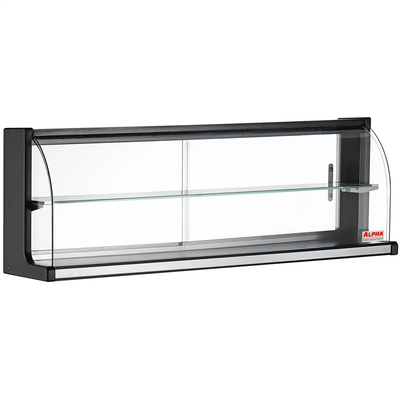 Alpha NAD series wide glass countertop dry display case with black frame, glass shelf and silver base, front angled view