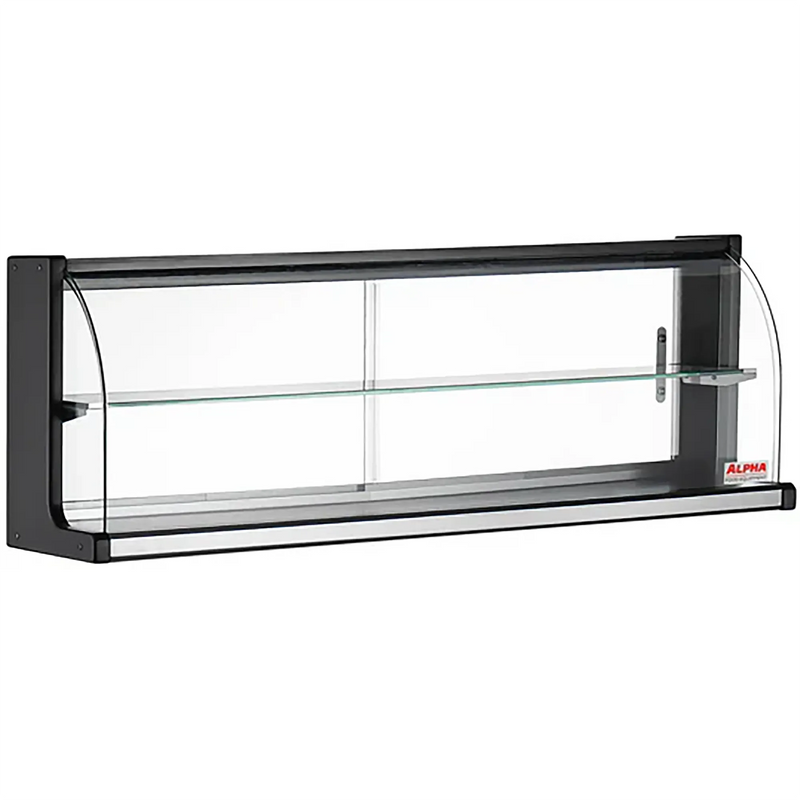 Alpha NAD-47 47-inch glass countertop dry display case with black frame, glass shelf and curved front, angled view