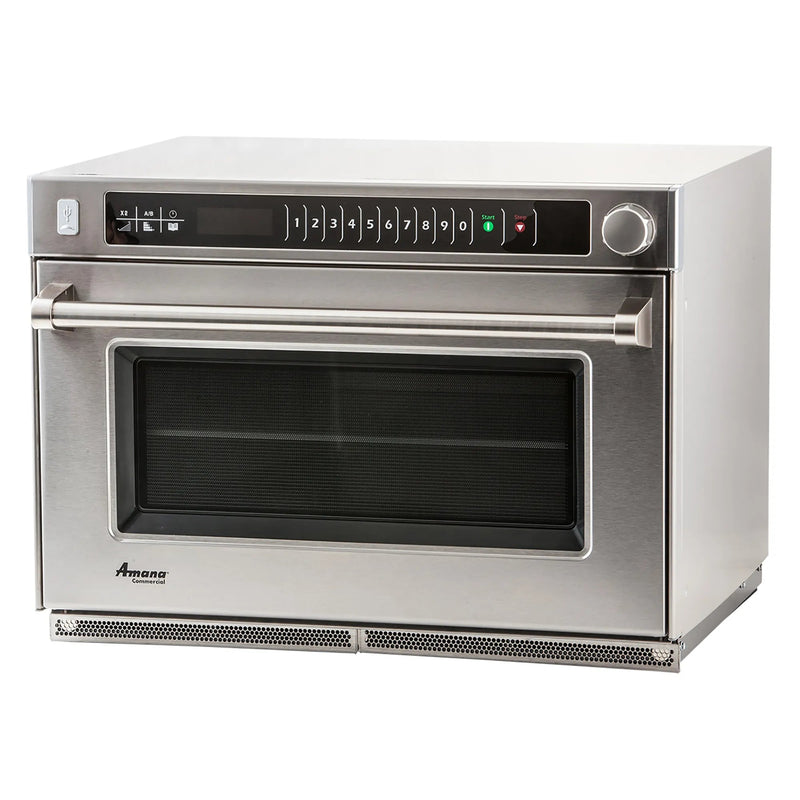 Amana AMSO35 heavy volume microwave steamer, 3500W, stainless steel with top touchpad and glass door, angled