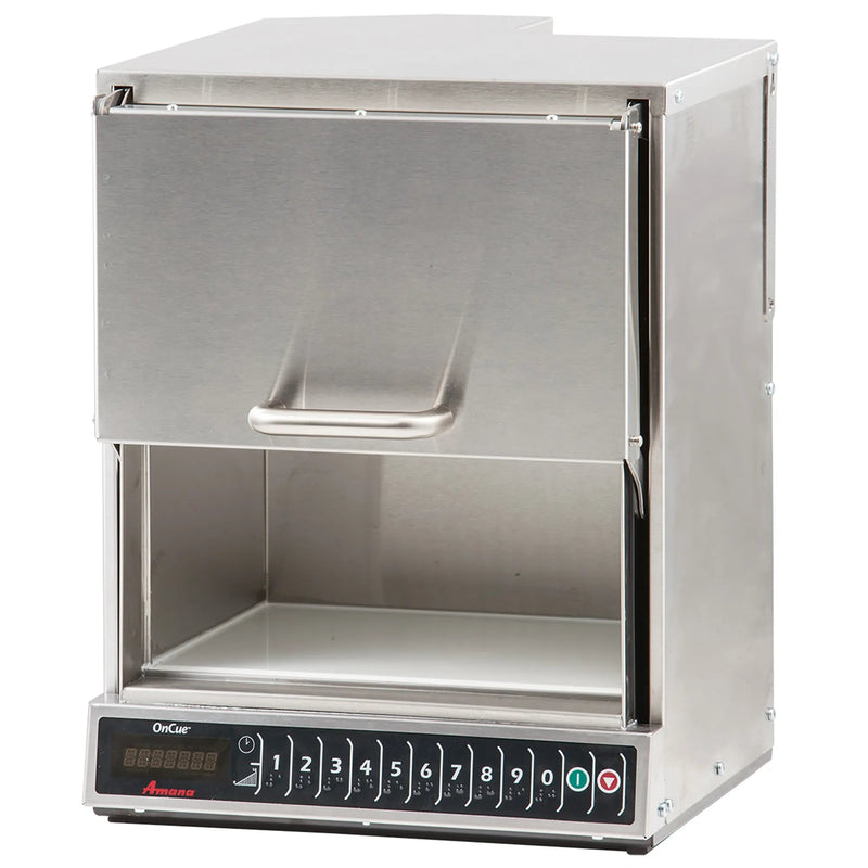 Amana AOC24 heavy volume commercial microwave, 2400W, stainless steel with door open and bottom touch controls