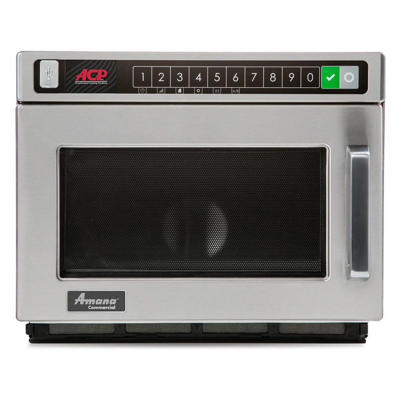 Amana HDC212 heavy volume commercial microwave, 2100W, stainless steel with top numbered touchpad, front view