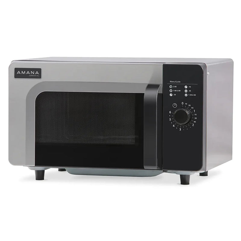 Amana RMS10DSA low volume commercial microwave, 1000W, stainless steel with dial timer control, angled view