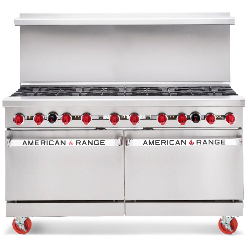 American Range AR-10 60-inch ten burner gas range with two ovens, stainless steel with backsplash, front view