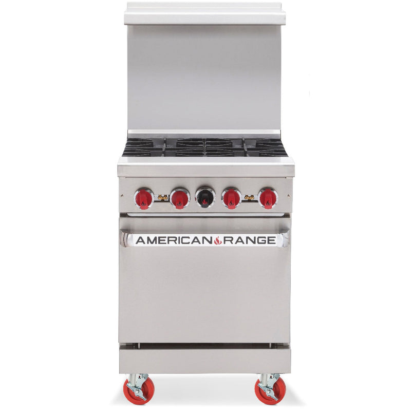 American Range AR-4 24-inch four burner gas range with oven, stainless steel with backsplash and red casters