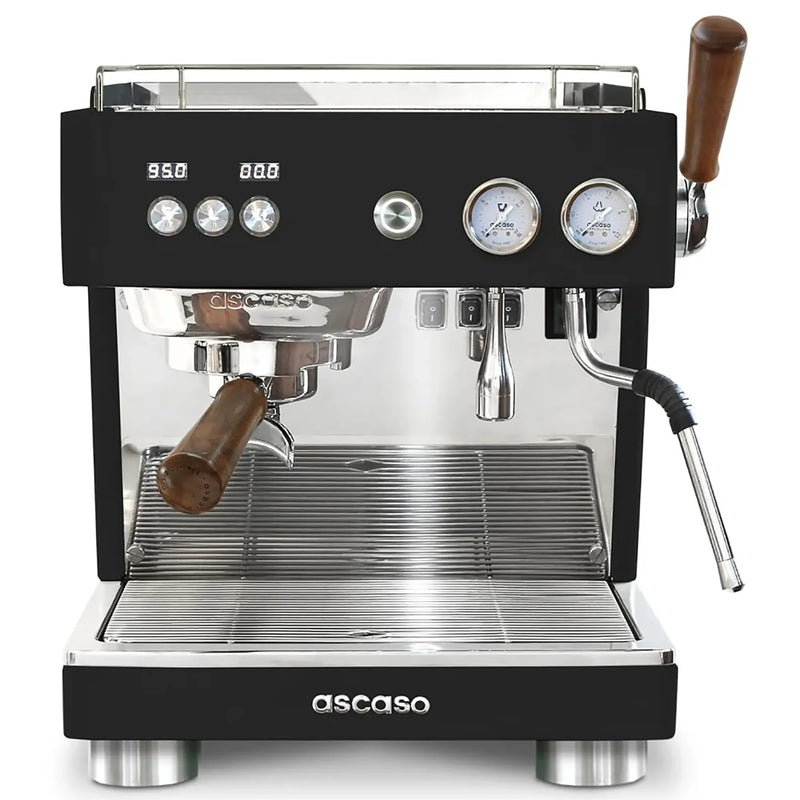 Ascaso BABY-T-PLUS espresso machine in black and stainless steel with wood handles and dual gauges, front view