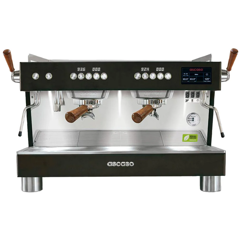 Ascaso BARISTA-T-PRO two group espresso machine in black with wood-handled steam wands and portafilters, front