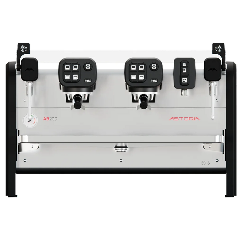 Astoria AB200 two group espresso machine with black frame, stainless steel front and two portafilters, front view