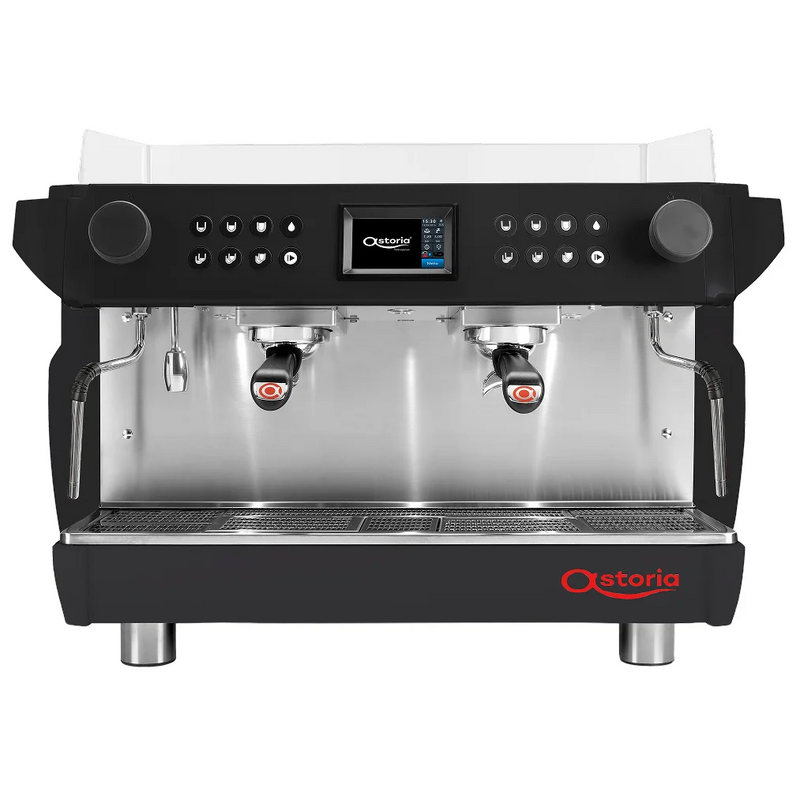 Astoria Plus4You Advantage two group raised espresso machine in black with display screen and portafilters, front view