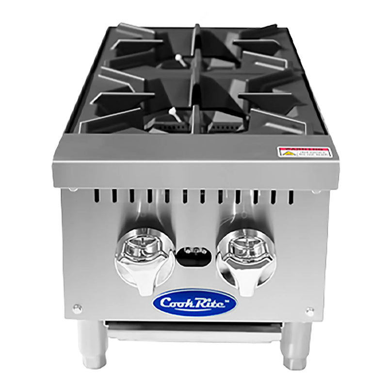 Atosa ACHP-2 12-inch two burner natural gas or propane countertop hot plate, front view with control knobs