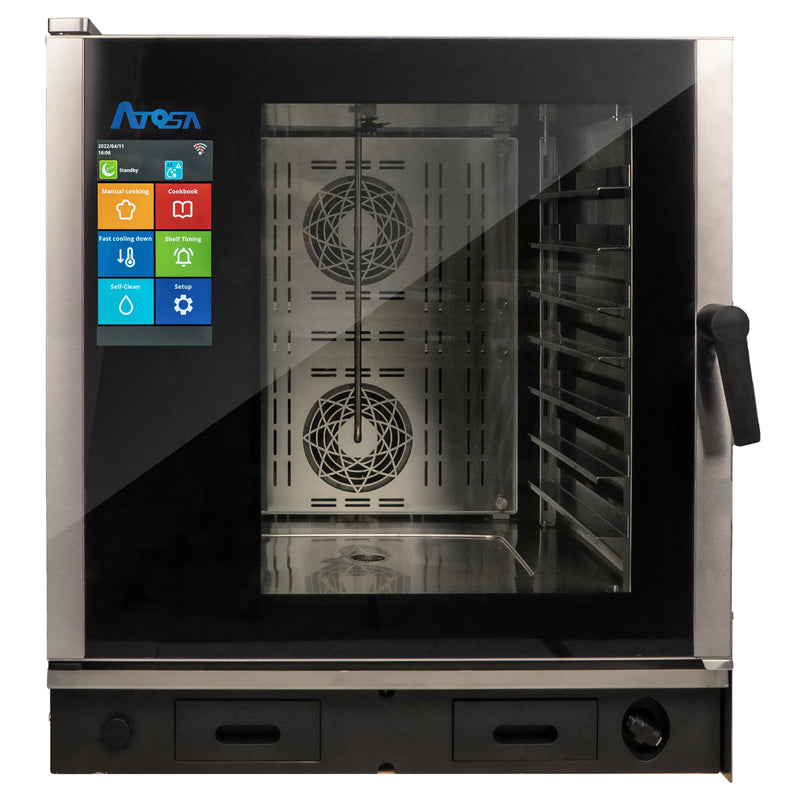 Atosa AEC-0711E electric combi oven with digital touchscreen controls, front view, fits 7 half size sheet pans