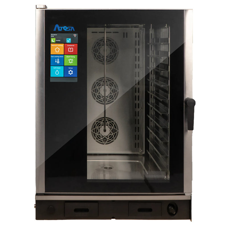 Atosa AEC-1021E electric combi oven with digital touchscreen controls, front view, fits 10 full size sheet pans