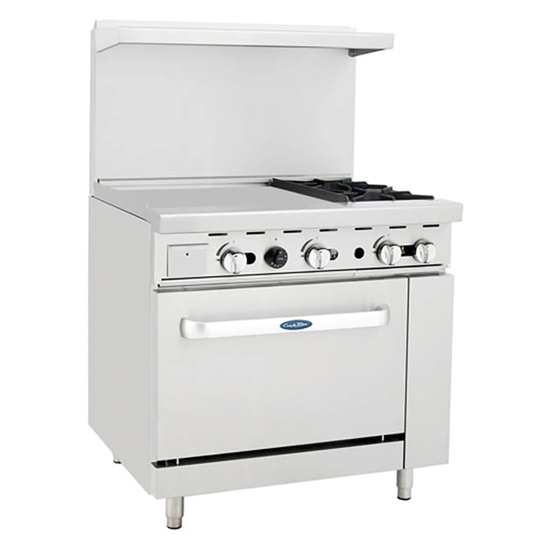 Atosa AGR-2B24GL 36-inch gas range with 24-inch griddle on the left and two open burners, front view