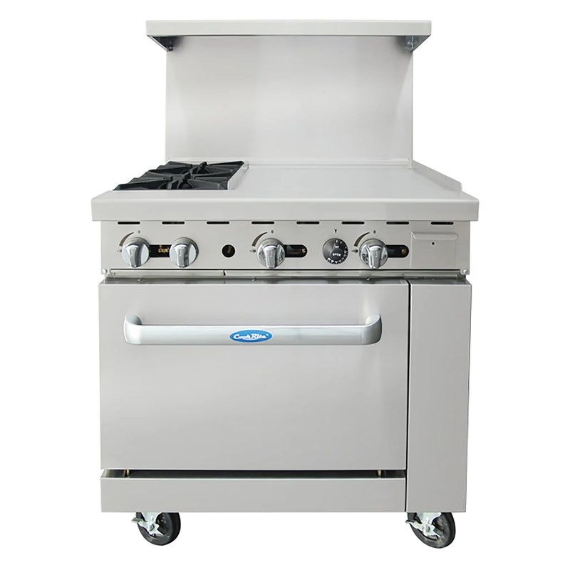 Atosa AGR-2B24GR 36-inch gas range with two open burners and a 24-inch griddle on the right, front view