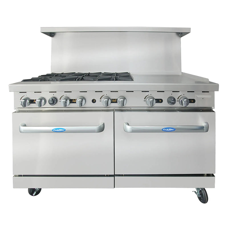 Atosa AGR-6B24GR 60-inch gas range with six burners and a 24-inch griddle on the right, front view