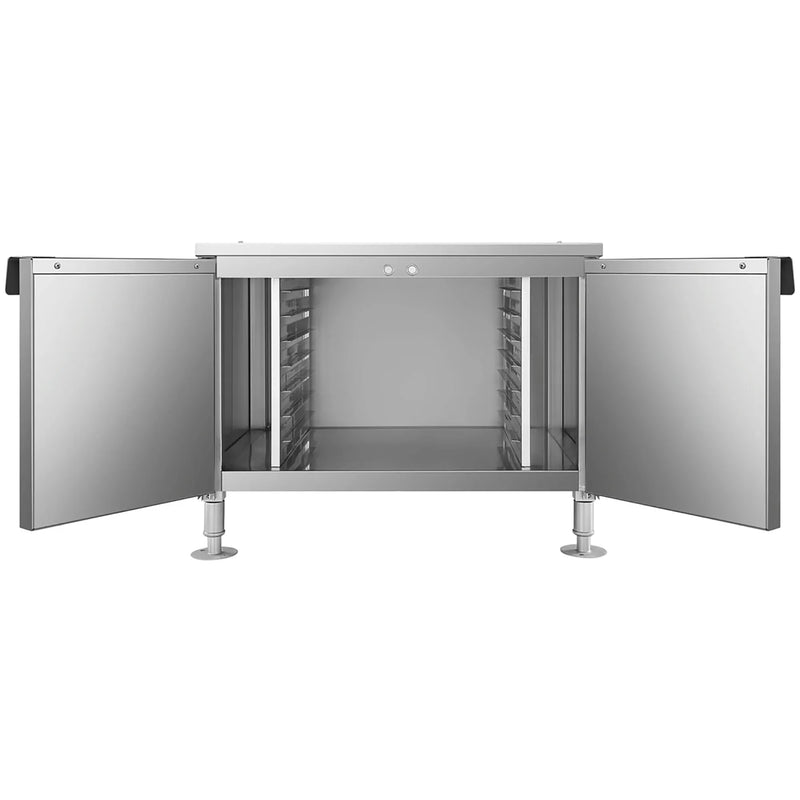 Atosa ASR-5171D enclosed stainless steel combi oven stand with double doors open, front view