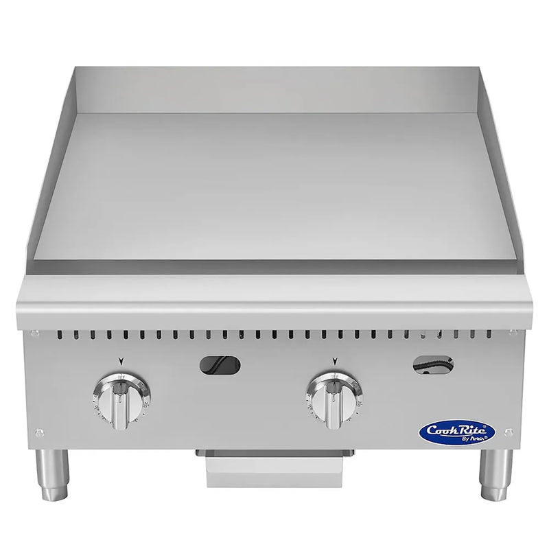 Atosa ATG-2424 24-inch countertop gas griddle, top view of the steel griddle plate and back splash