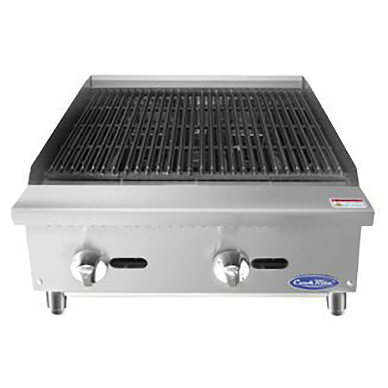 Atosa ATRC/ATCB-24 24-inch heavy duty gas charbroiler with cast iron grates and two control knobs, front view