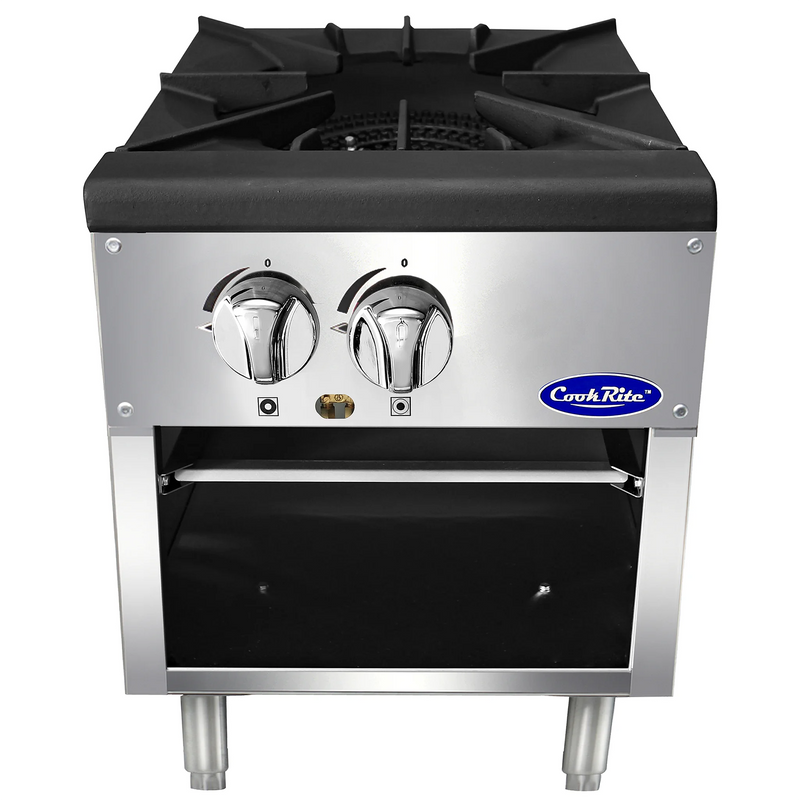 Atosa ATSP-18-1 single burner stainless steel gas stock pot range with cast iron top grate, angled view
