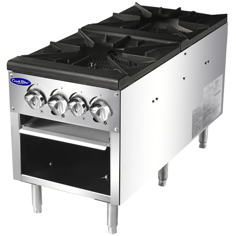 Atosa ATSP-18-2 double burner stainless steel gas stock pot range with two cast iron top grates, angled view