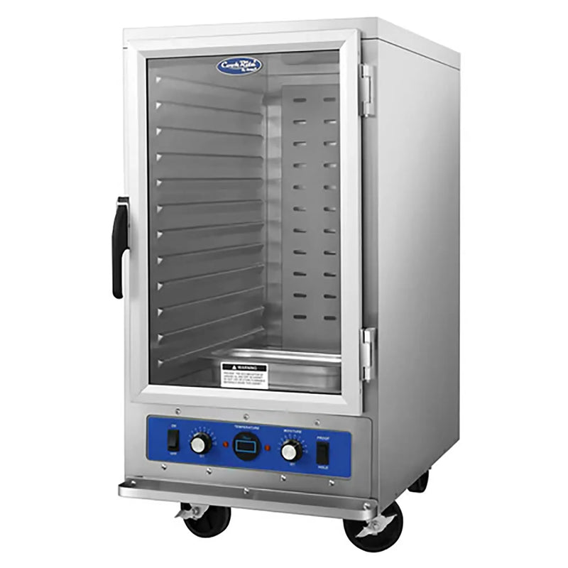 Atosa ATWC-12 economy insulated heated holding cabinet with clear door, 12 sheet pans, on casters, angled view