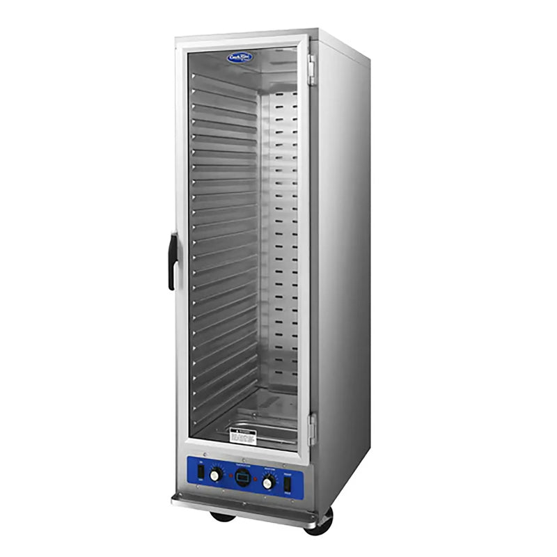 Atosa ATWC-24 full height economy insulated heated holding cabinet with clear door, 24 sheet pans, angled view
