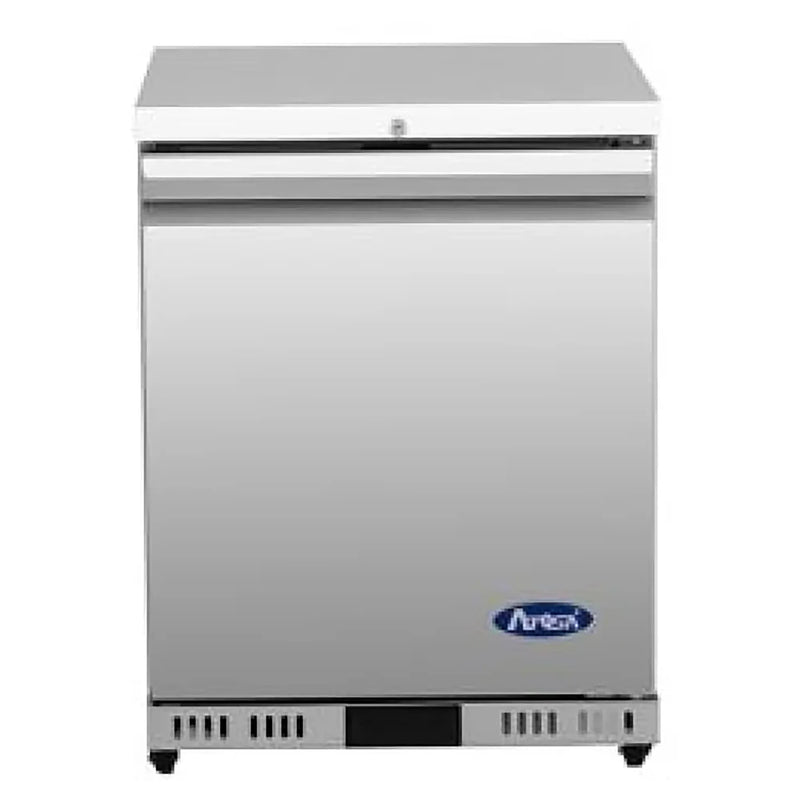 Atosa AUR24SD 24-inch single door stainless steel undercounter refrigerated work table on casters, front view