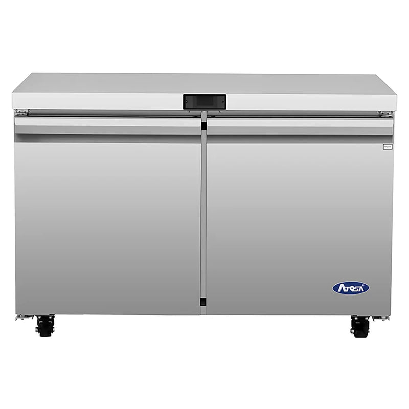 Atosa AUR48SD 48-inch stainless steel refrigerated work table with two swing doors and no backsplash, front view
